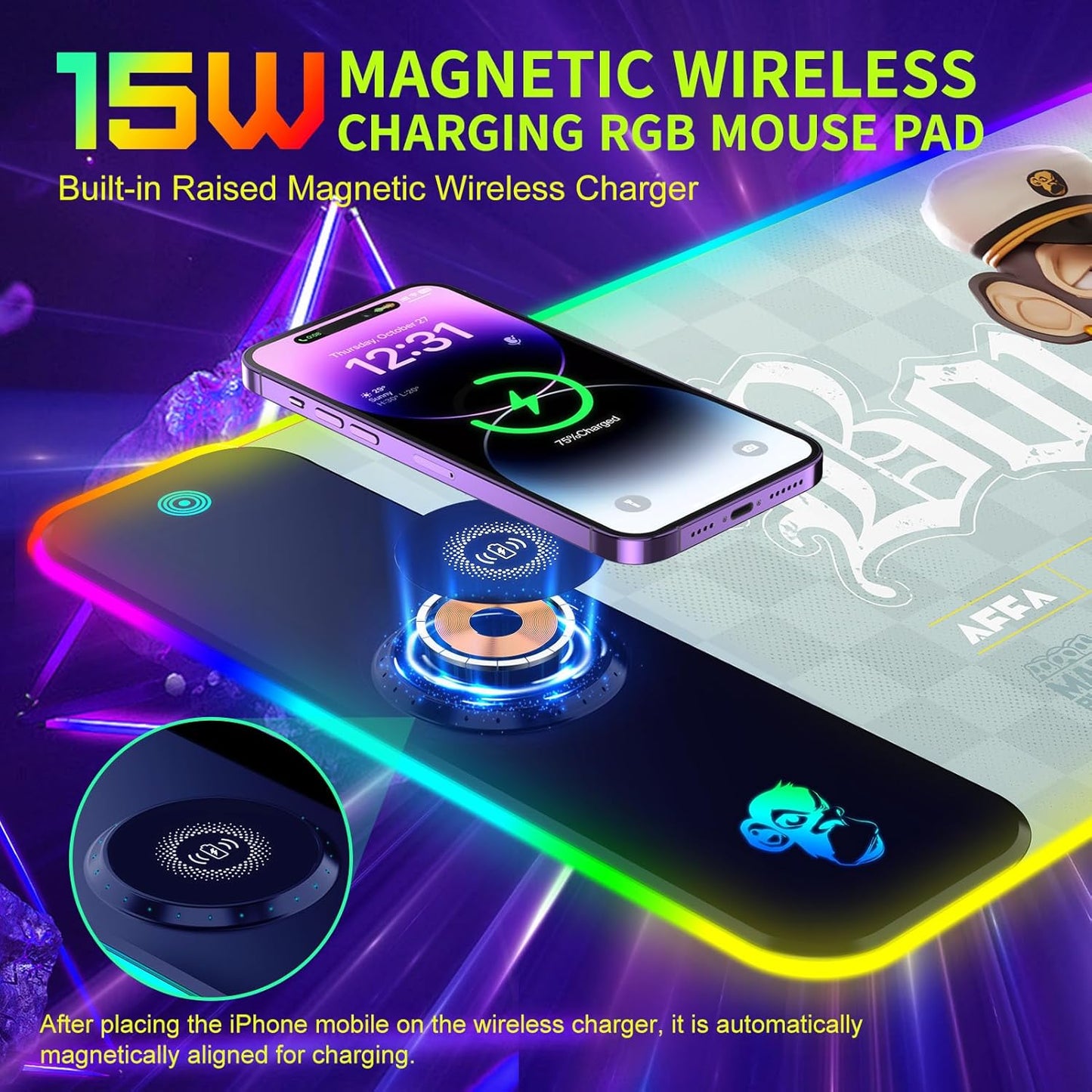 GIM RGB Gaming Mouse Pad with 15W Wireless Charging, Bored Ape Yacht Club